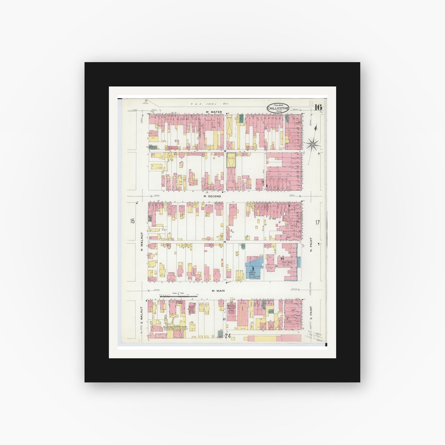 Old map wall art mockup — black gallery frame with white mat — Sanborn Fire Insurance Map from Chillicothe, Ross County, Ohio (1909), Sheet #0016