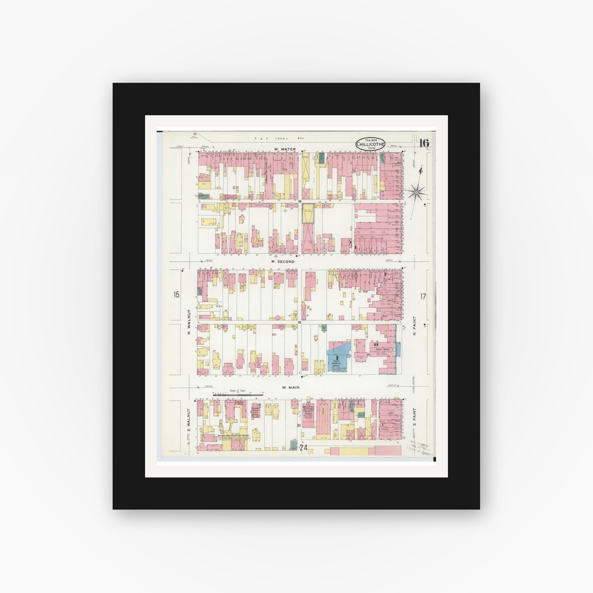 Old map wall art mockup — black gallery frame with white mat — Sanborn Fire Insurance Map from Chillicothe, Ross County, Ohio (1909), Sheet #0016