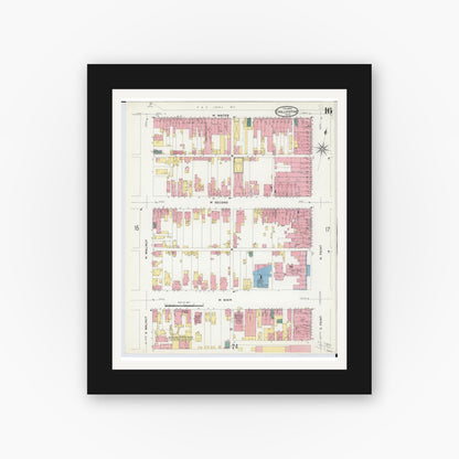 Old map wall art mockup — black gallery frame with white mat — Sanborn Fire Insurance Map from Chillicothe, Ross County, Ohio (1909), Sheet #0016