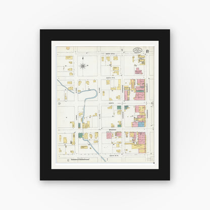 Old map wall art mockup — black gallery frame with white mat — Sanborn Fire Insurance Map from Ocala, Marion County, Florida (1906), Sheet #0008