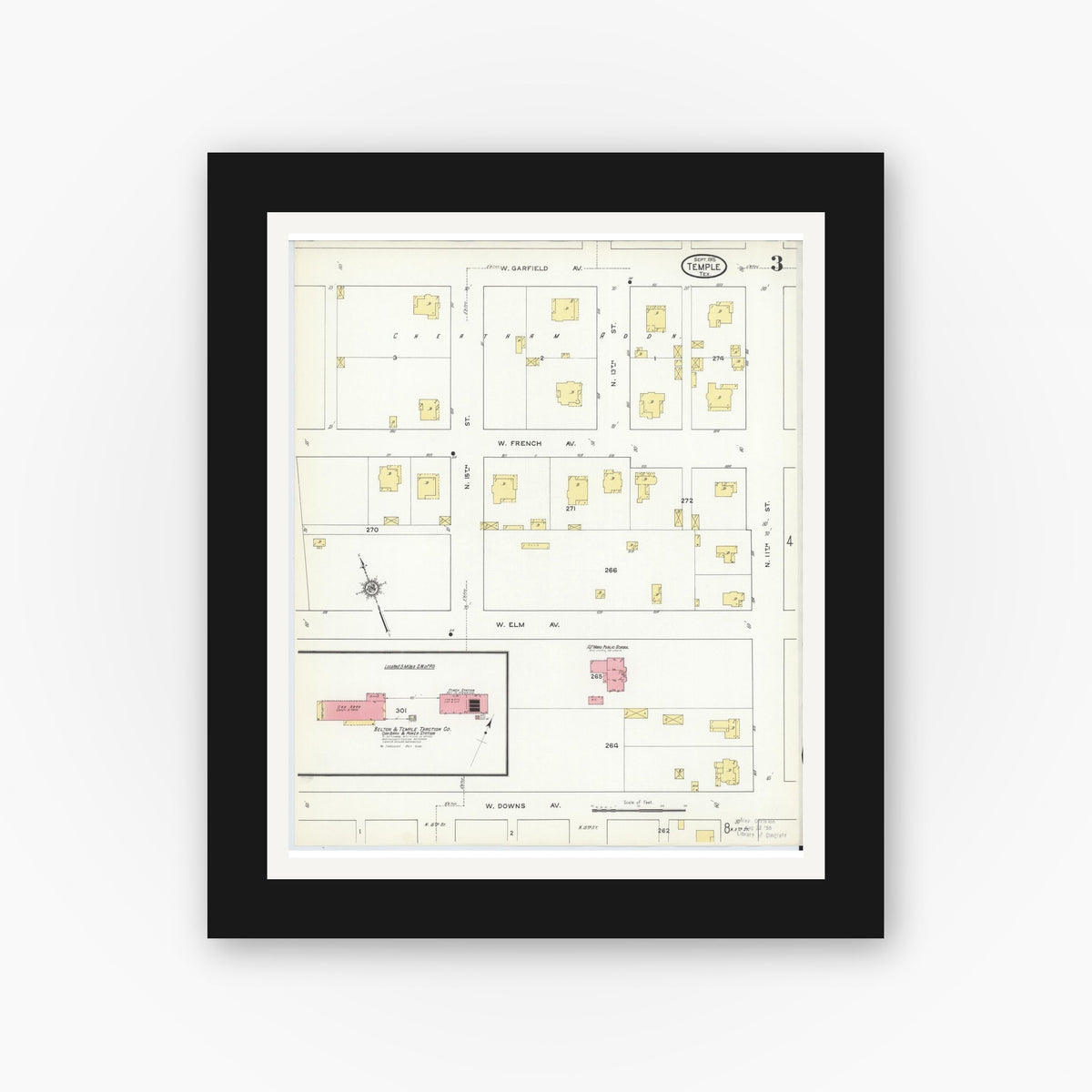 Old map wall art mockup — black gallery frame with white mat — Sanborn Fire Insurance Map from Temple, Bell County, Texas (1915), Sheet #0003
