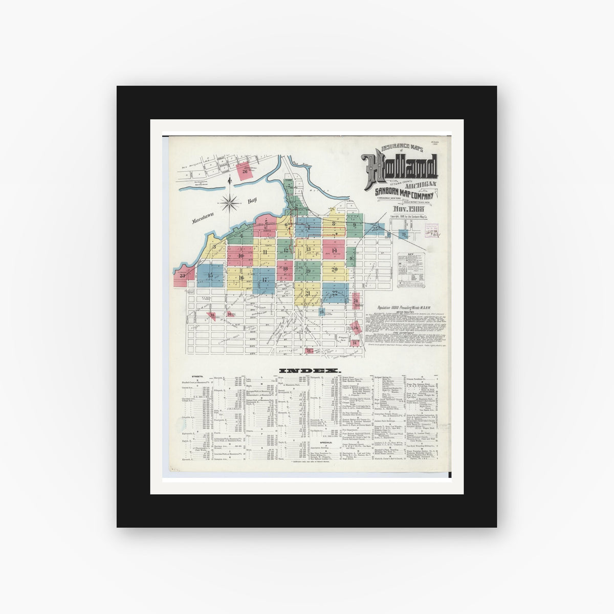 Old map wall art mockup — black gallery frame with white mat — Sanborn Fire Insurance Map from Holland, Ottawa County, Michigan (1908), Sheet #0001