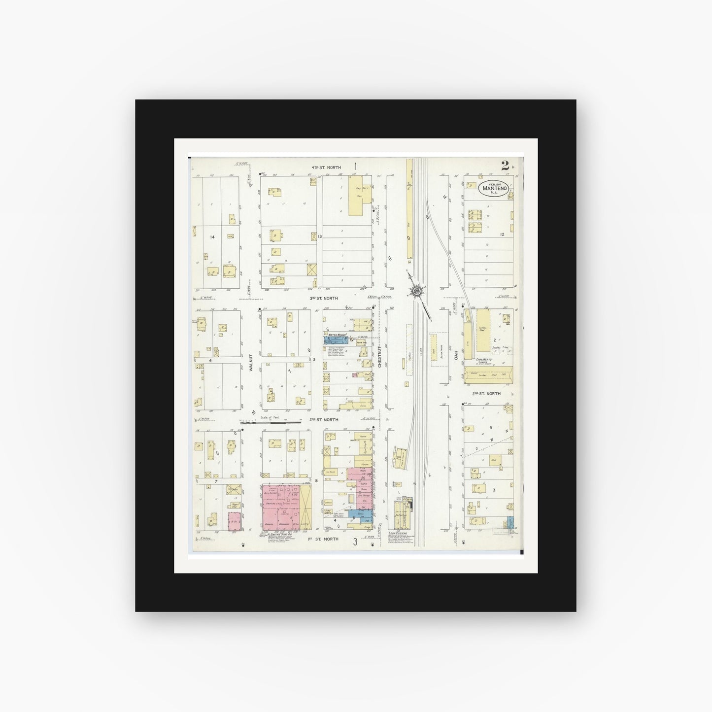 Old map wall art mockup — black gallery frame with white mat — Sanborn Fire Insurance Map from Manteno, Kankakee County, Illinois (1914), Sheet #0002