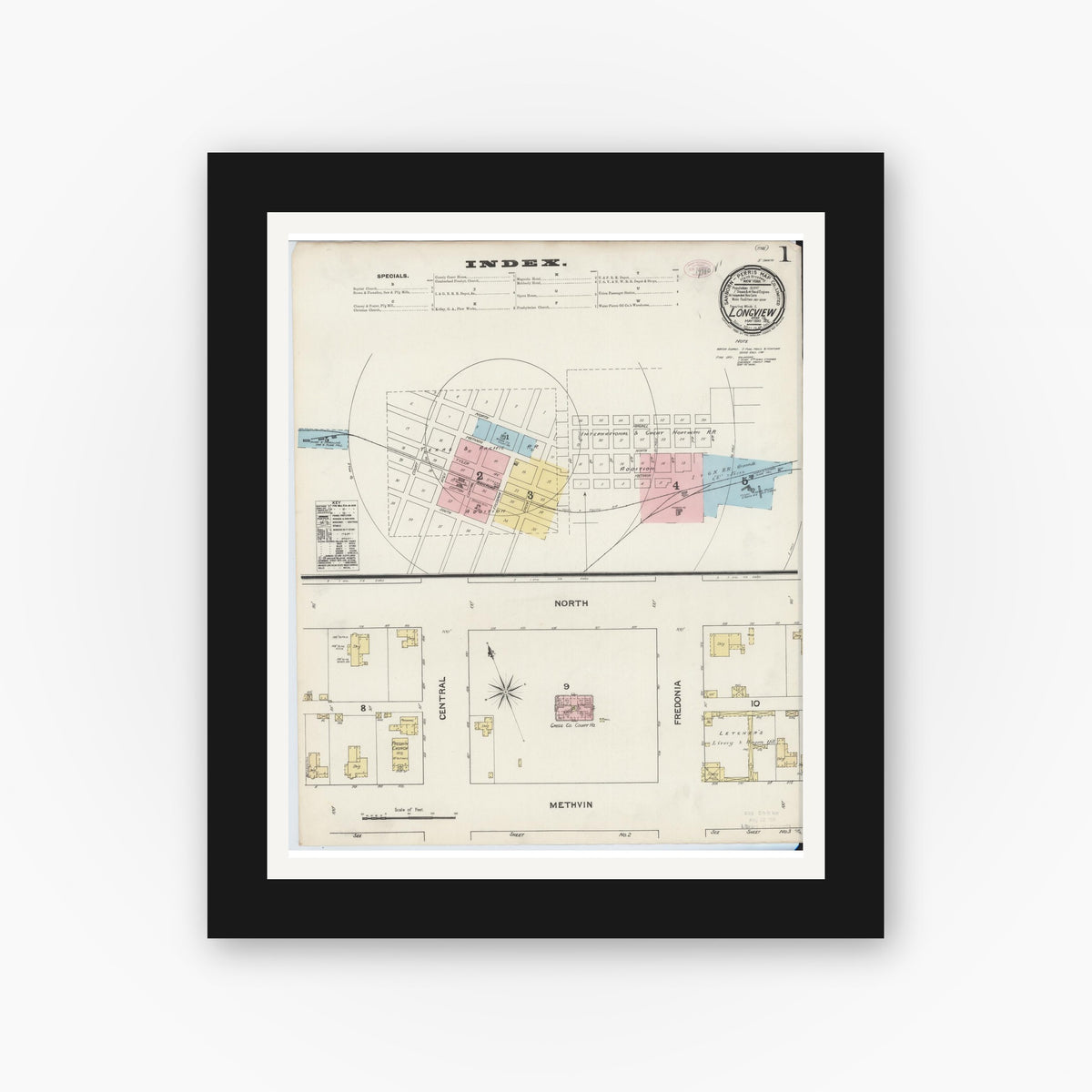 Old map wall art mockup — black gallery frame with white mat — Sanborn Fire Insurance Map from Longview, Gregg County, Texas (1890), Sheet #0001