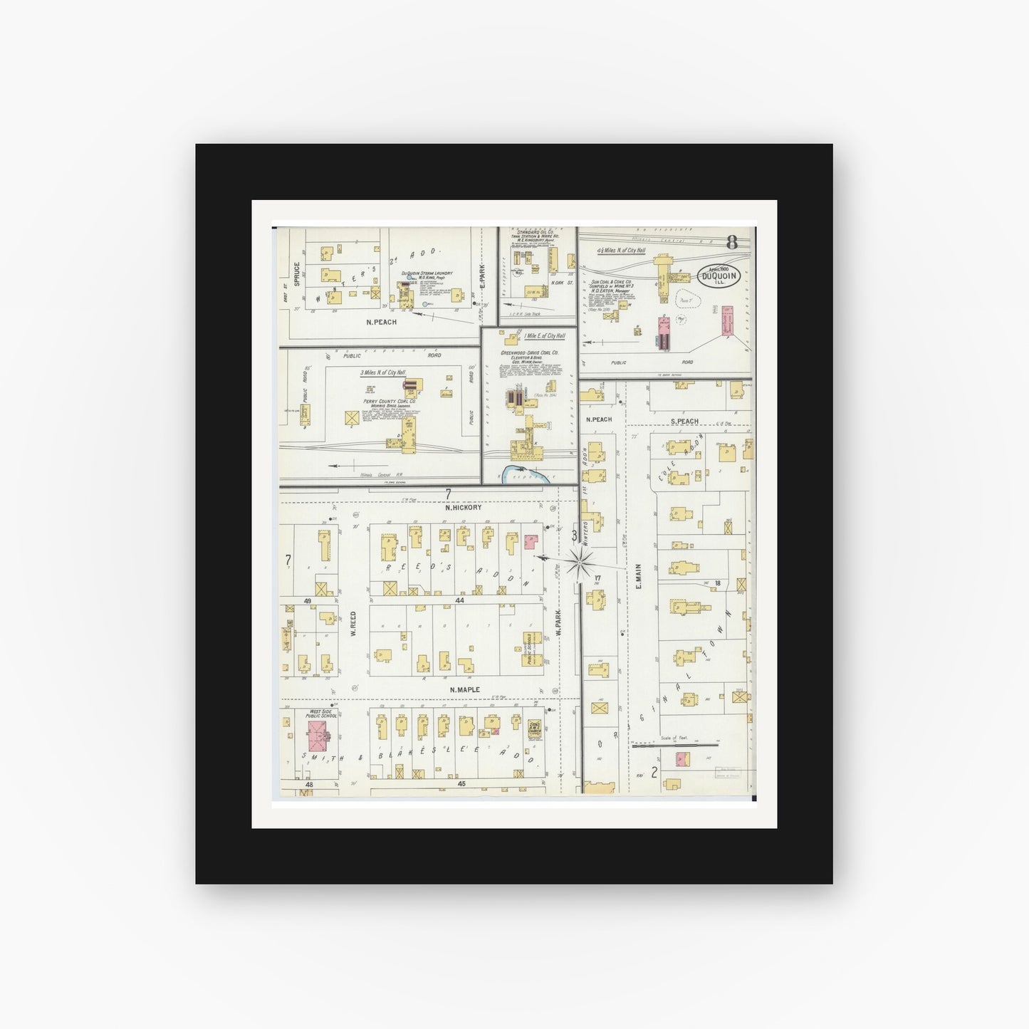 Old map wall art mockup — black gallery frame with white mat — Sanborn Fire Insurance Map from Du Quoin, Perry County, Illinois (1900), Sheet #0008