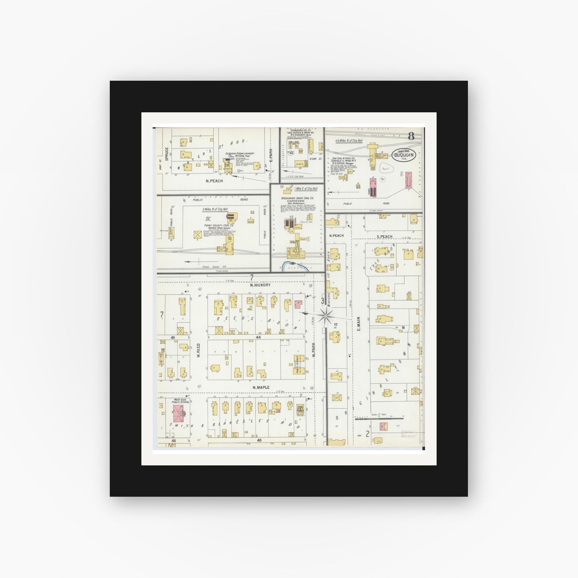 Old map wall art mockup — black gallery frame with white mat — Sanborn Fire Insurance Map from Du Quoin, Perry County, Illinois (1900), Sheet #0008