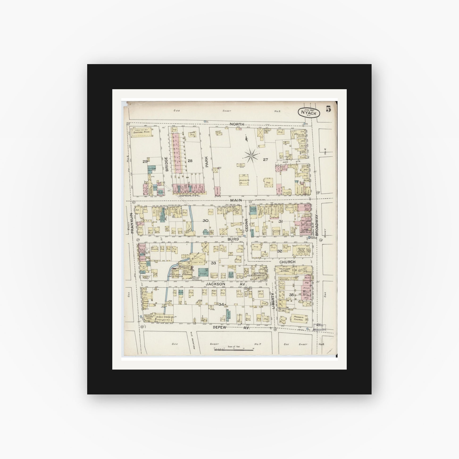 Old map wall art mockup — black gallery frame with white mat — Sanborn Fire Insurance Map from Nyack, Rockland County, New York. (1887), Sheet #0005