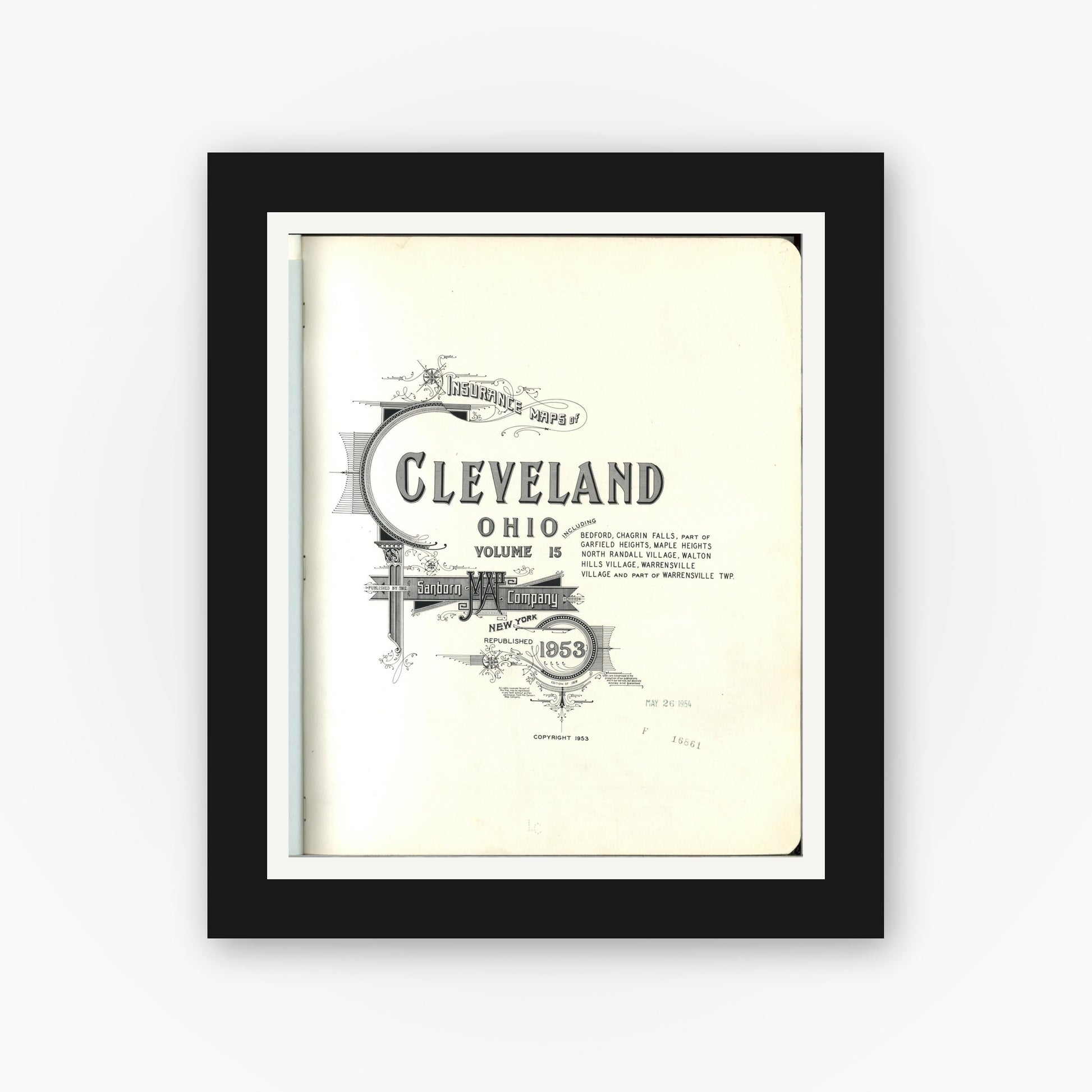 Old map wall art mockup — black gallery frame with white mat — Sanborn Fire Insurance Map from Cleveland, Cuyahoga County, Ohio (1953), Sheet #0001