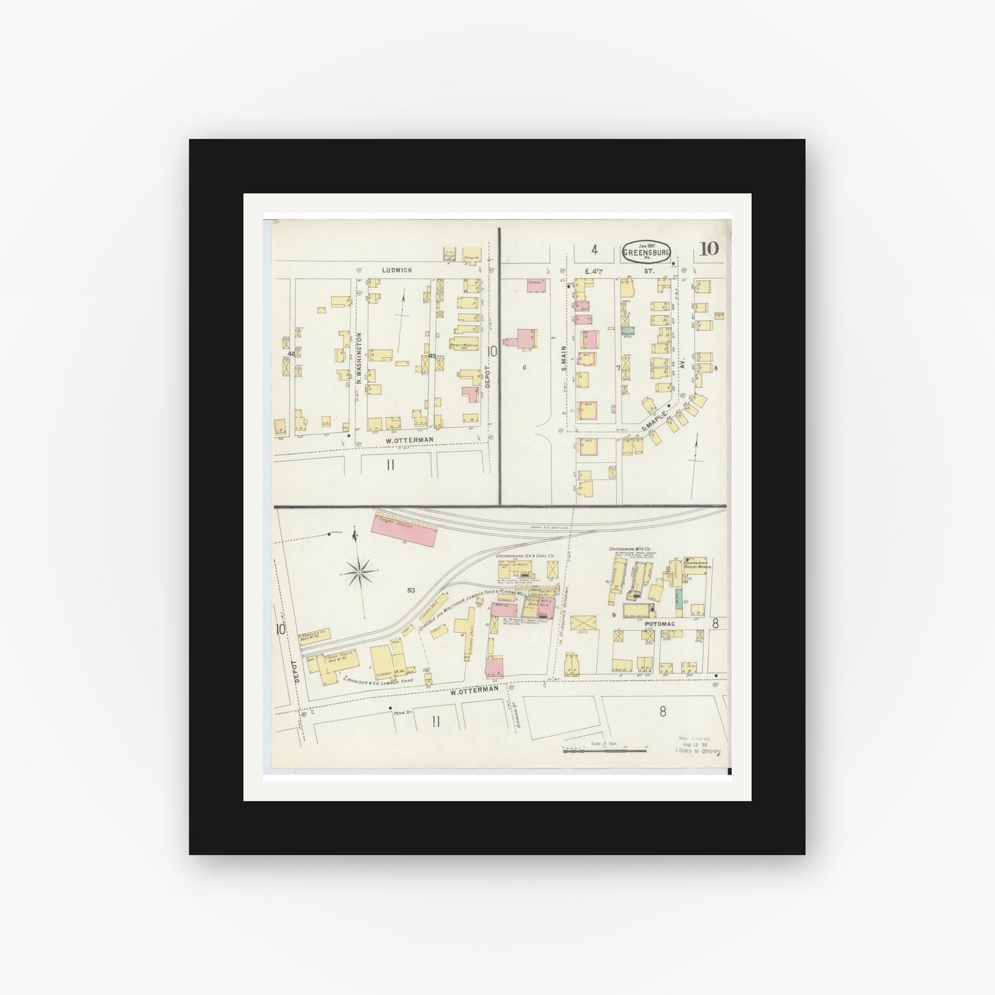 Old map wall art mockup — black gallery frame with white mat — Sanborn Fire Insurance Map from Greensburg, Westmoreland County, Pennsylvania (1897), Sheet #0010