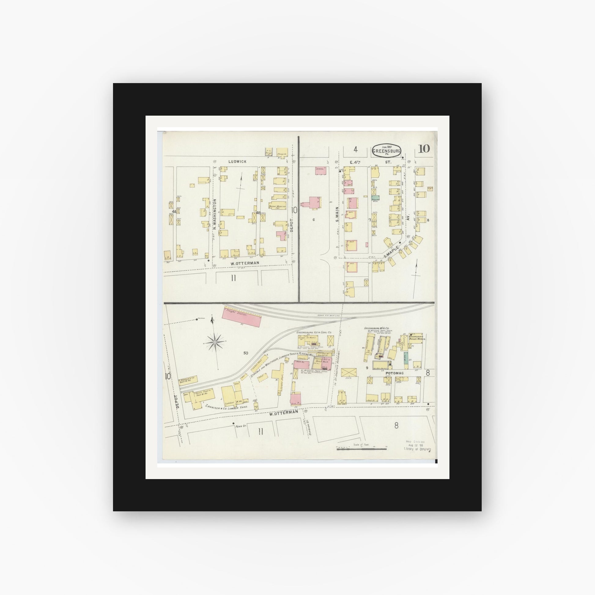 Old map wall art mockup — black gallery frame with white mat — Sanborn Fire Insurance Map from Greensburg, Westmoreland County, Pennsylvania (1897), Sheet #0010