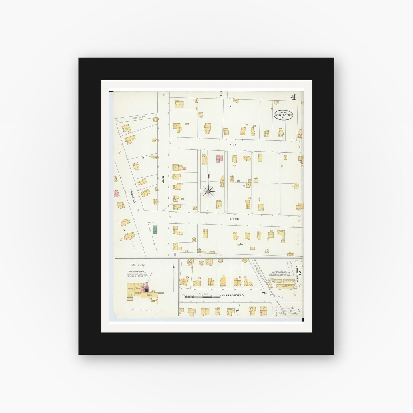 Old map wall art mockup — black gallery frame with white mat — Sanborn Fire Insurance Map from New London, Huron County, Ohio (1904), Sheet #0004