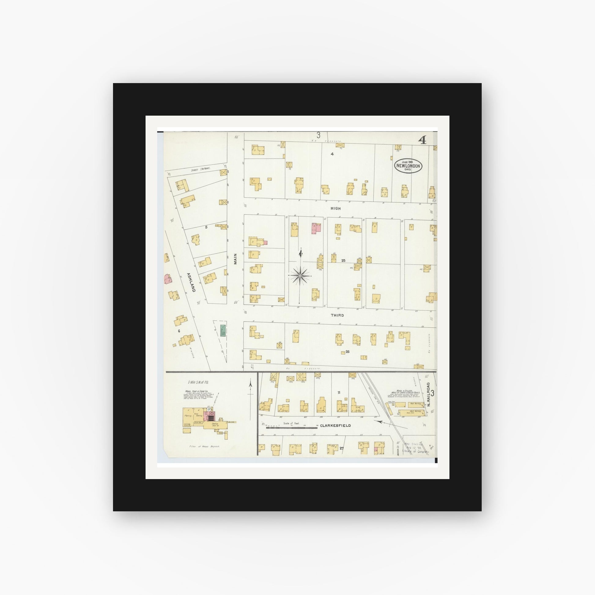 Old map wall art mockup — black gallery frame with white mat — Sanborn Fire Insurance Map from New London, Huron County, Ohio (1904), Sheet #0004