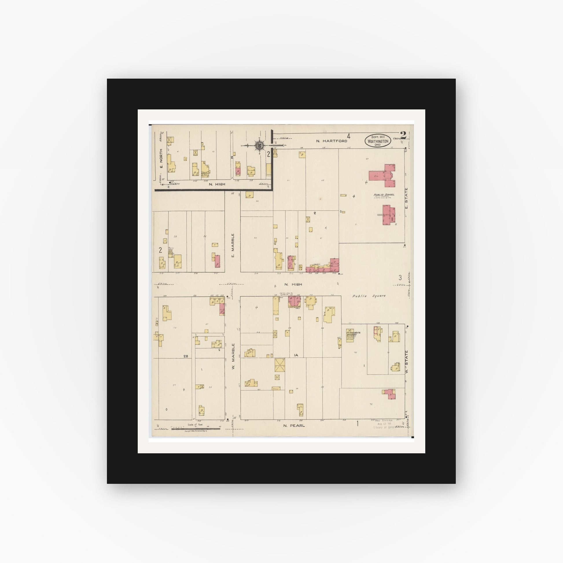 Old map wall art mockup — black gallery frame with white mat — Sanborn Fire Insurance Map from Worthington, Franklin County, Ohio (1922), Sheet #0002