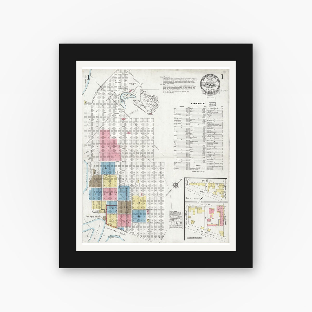 Old map wall art mockup — black gallery frame with white mat — Sanborn Fire Insurance Map from Brownsville, Cameron County, Texas (1926) - Complete Map Set