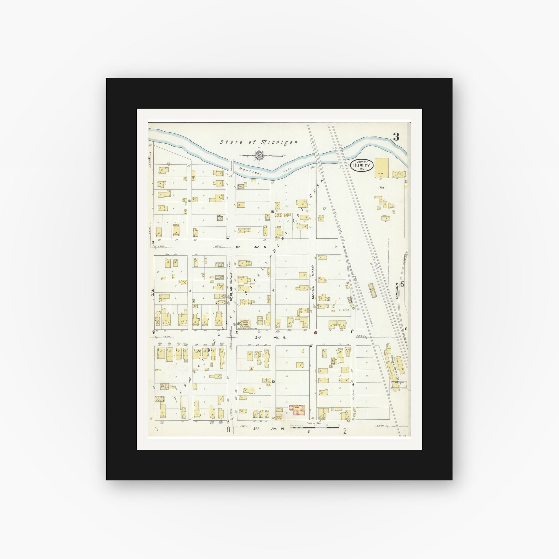 Old map wall art mockup — black gallery frame with white mat — Sanborn Fire Insurance Map from Hurley, Iron County, Wisconsin (1913), Sheet #0003