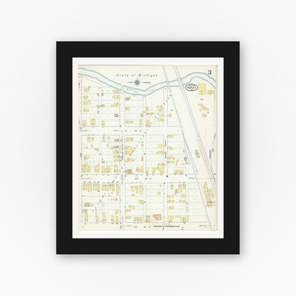 Old map wall art mockup — black gallery frame with white mat — Sanborn Fire Insurance Map from Hurley, Iron County, Wisconsin (1913), Sheet #0003