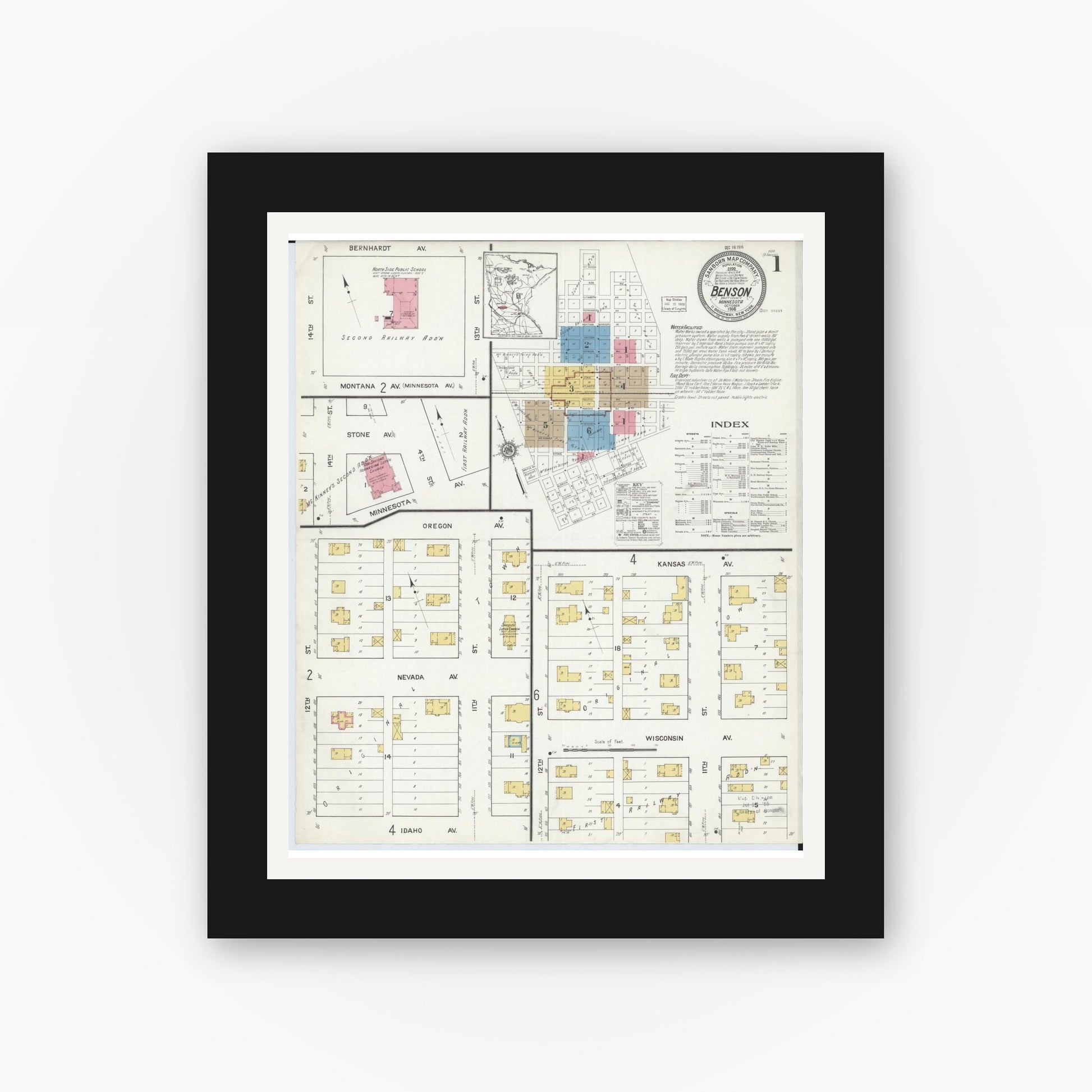 Old map wall art mockup — black gallery frame with white mat — Sanborn Fire Insurance Map from Benson, Swift County, Minnesota (1916), Sheet #0001