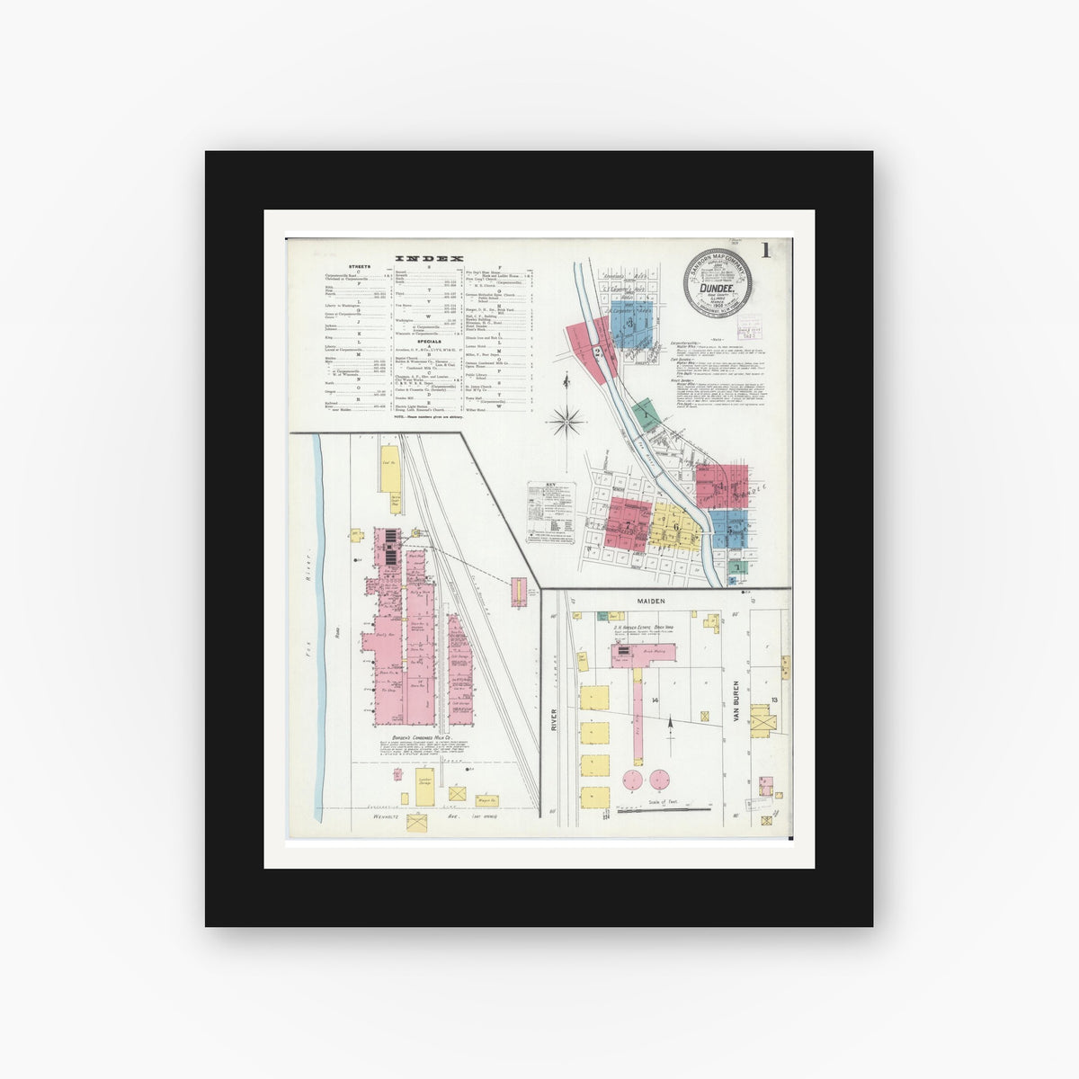 Old map wall art mockup — black gallery frame with white mat — Sanborn Fire Insurance Map from Dundee, Kane County, Illinois (1905) - Complete Map Set