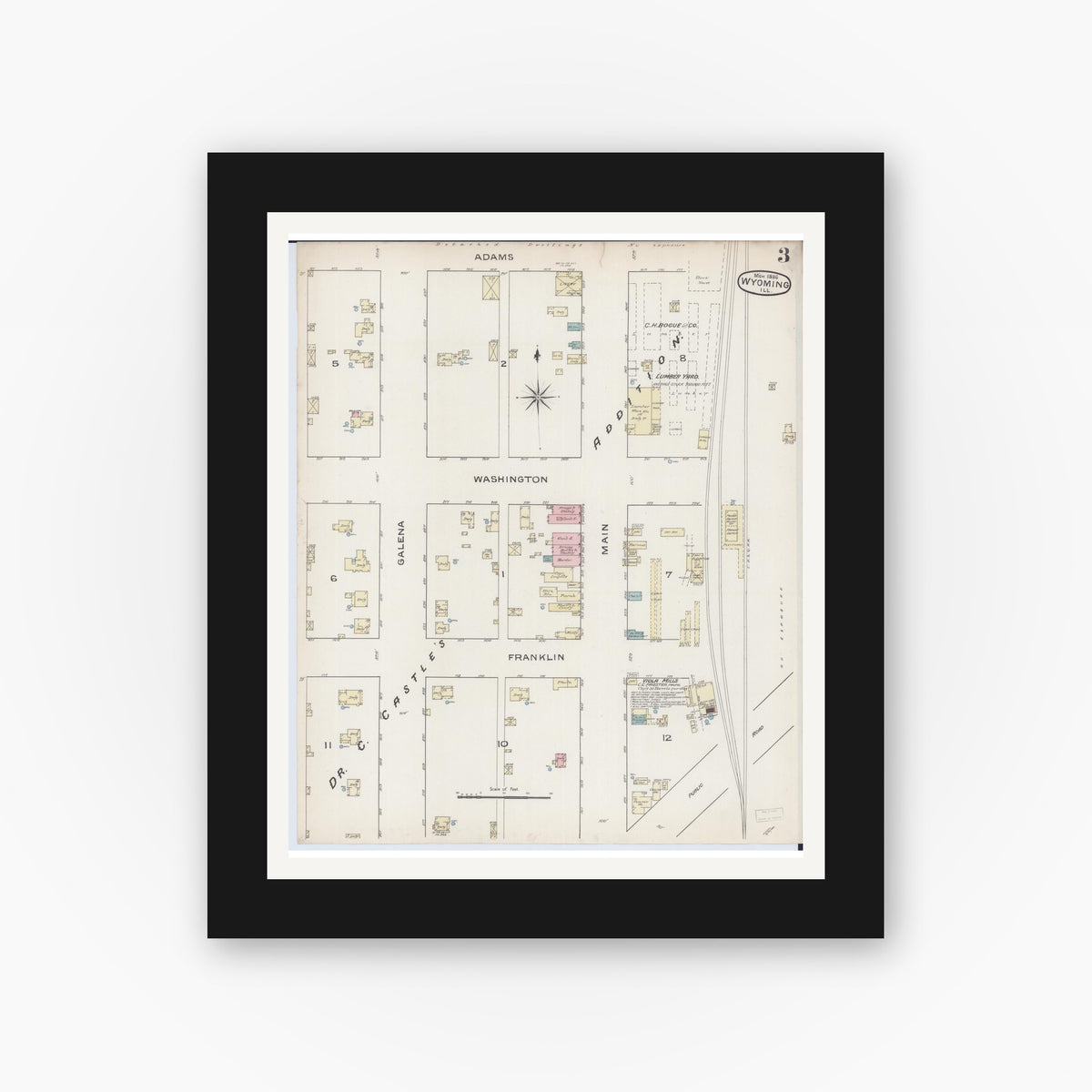 Old map wall art mockup — black gallery frame with white mat — Sanborn Fire Insurance Map from Wyoming, Stark County, Illinois (1886), Sheet #0003