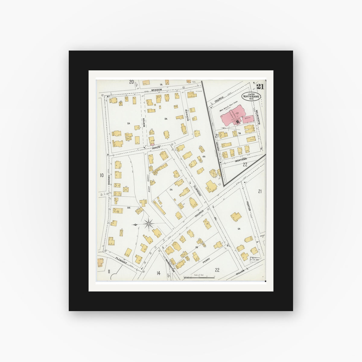 Old map wall art mockup — black gallery frame with white mat — Sanborn Fire Insurance Map from North Adams, Berkshire County, Massachusetts (1901), Sheet #0021