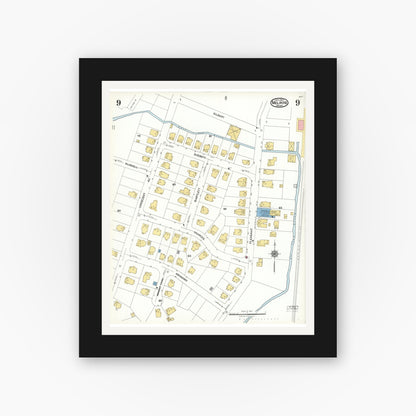 Old map wall art mockup — black gallery frame with white mat — Sanborn Fire Insurance Map from Melrose, Middlesex County, Massachusetts (1923), Sheet #0009