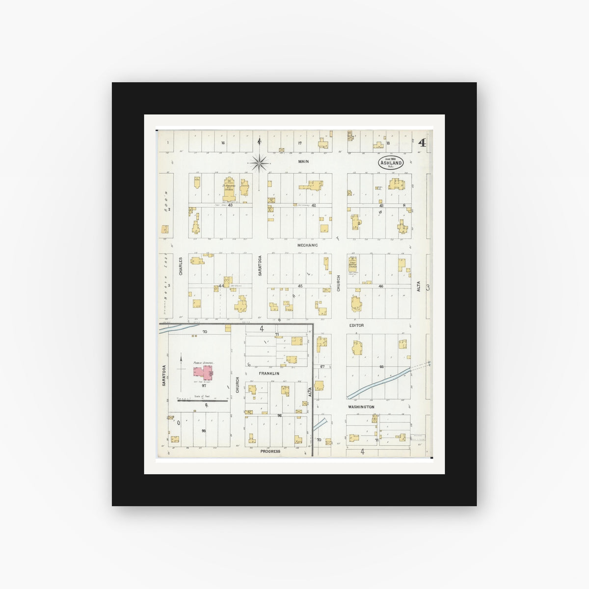 Old map wall art mockup — black gallery frame with white mat — Sanborn Fire Insurance Map from Ashland, Cass County, Illinois (1900), Sheet #0004