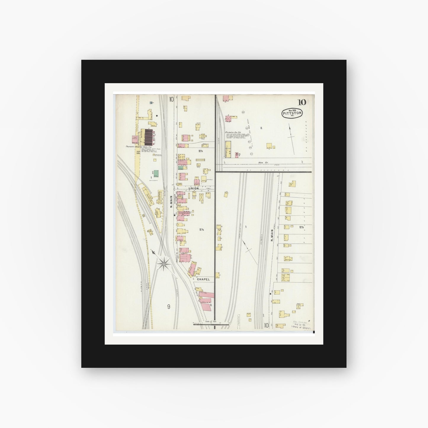 Old map wall art mockup — black gallery frame with white mat — Sanborn Fire Insurance Map from Pittston, Luzerne County, Pennsylvania (1896), Sheet #0010