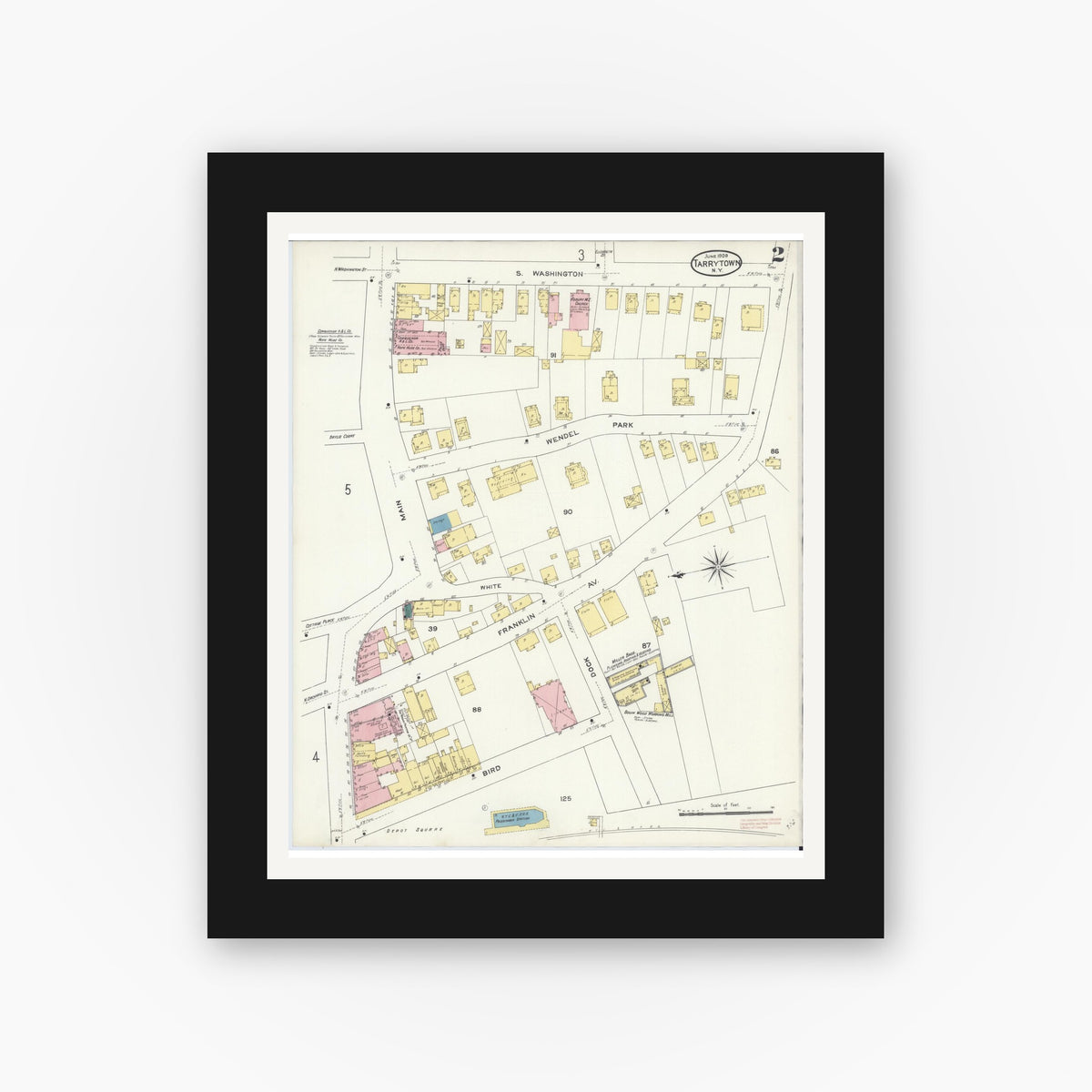 Old map wall art mockup — black gallery frame with white mat — Sanborn Fire Insurance Map from Tarrytown, Westchester County, New York (1909), Sheet #0002