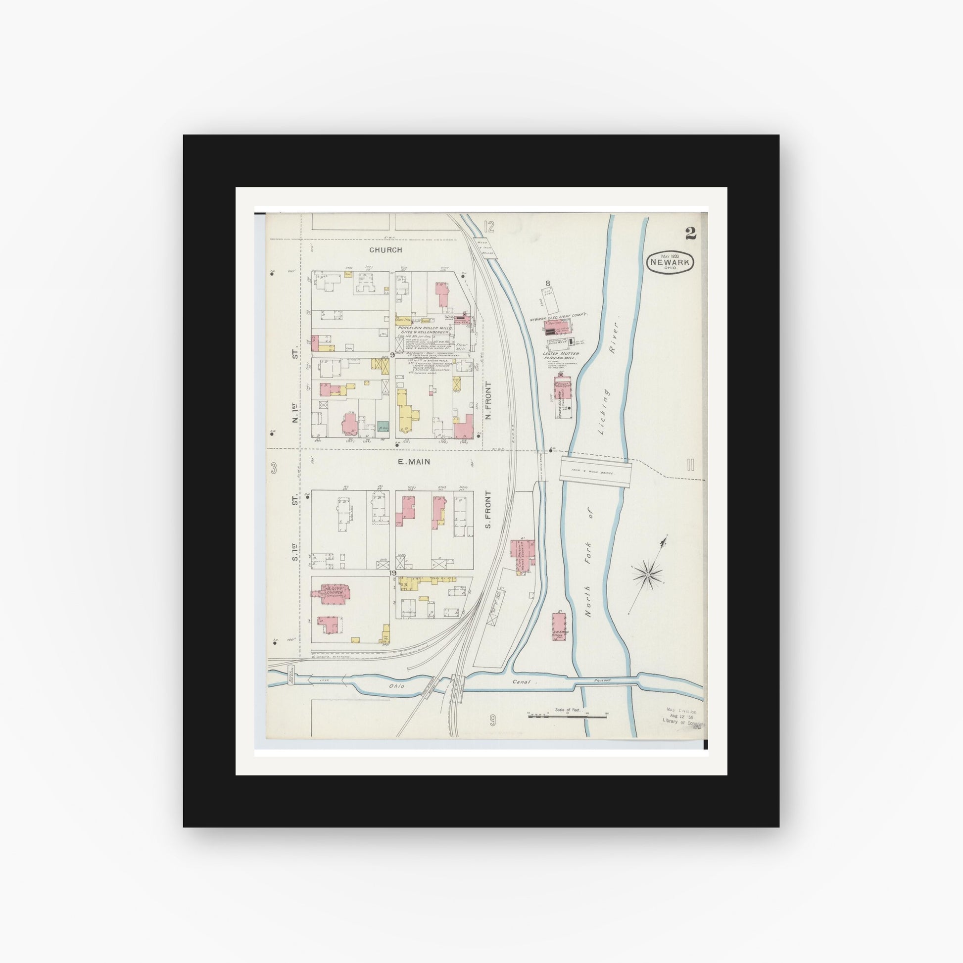 Old map wall art mockup — black gallery frame with white mat — Sanborn Fire Insurance Map from Newark, Licking County, Ohio (1893), Sheet #0002