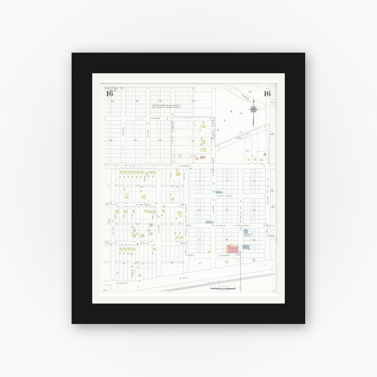 Old map wall art mockup — black gallery frame with white mat — Sanborn Fire Insurance Map from Grand Prairie, Dallas County, Texas (1943), Sheet #0016