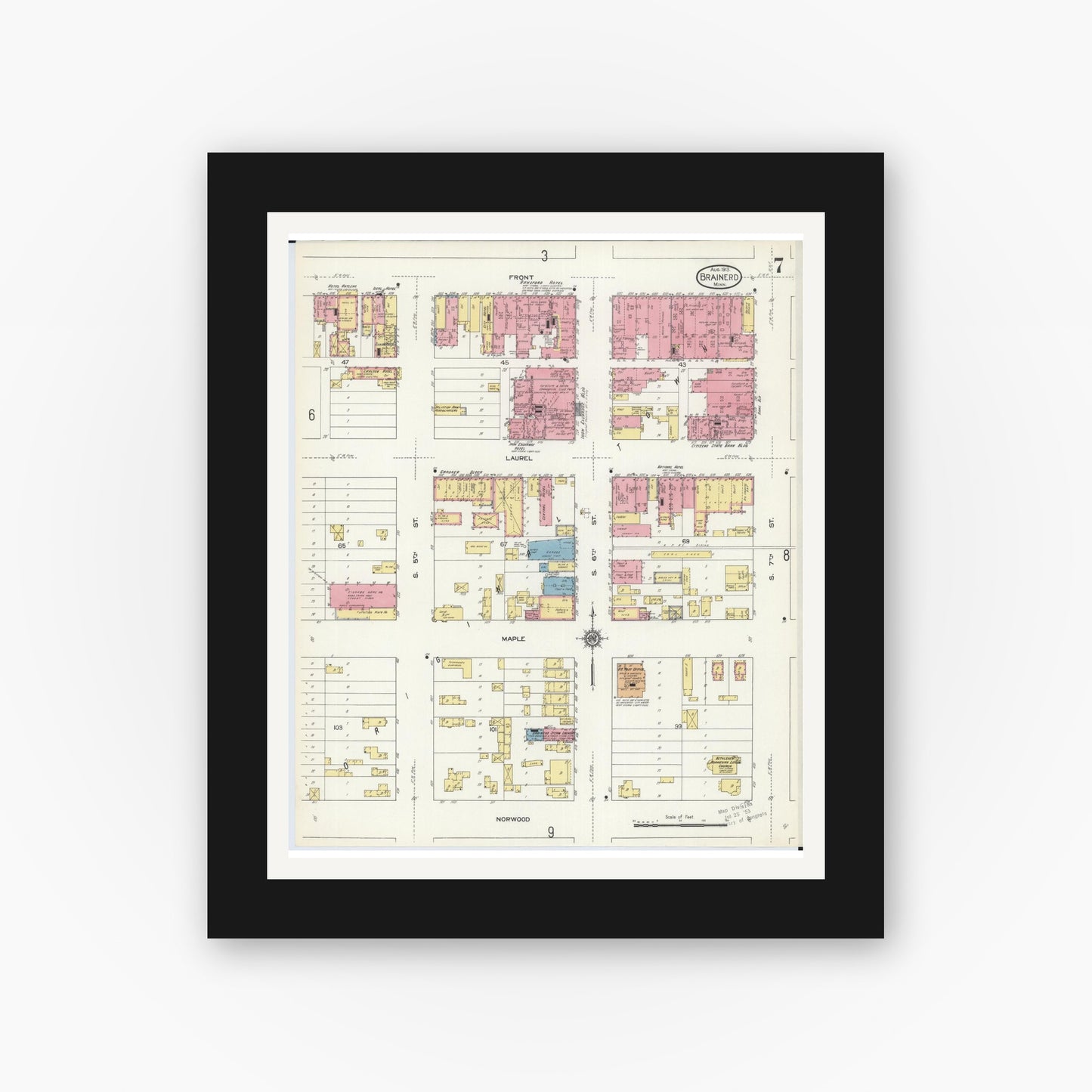 Old map wall art mockup — black gallery frame with white mat — Sanborn Fire Insurance Map from Brainerd, Crow Wing County, Minnesota (1913), Sheet #0007
