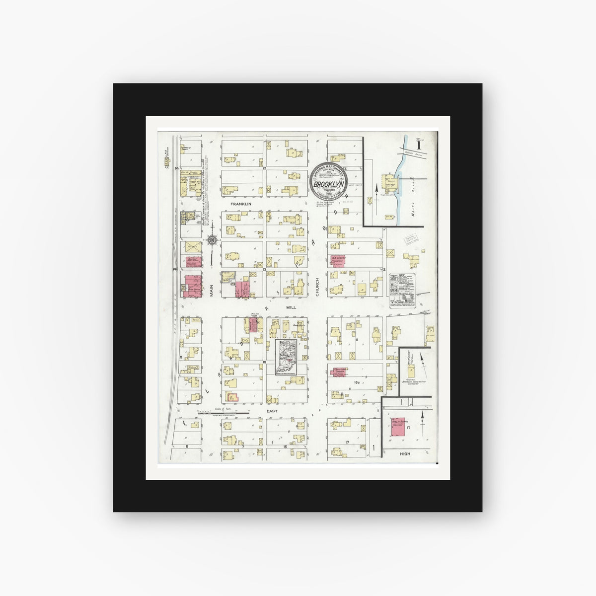 Old map wall art mockup — black gallery frame with white mat — Sanborn Fire Insurance Map from Brooklyn, Morgan County, Indiana (1920) - Complete Map Set