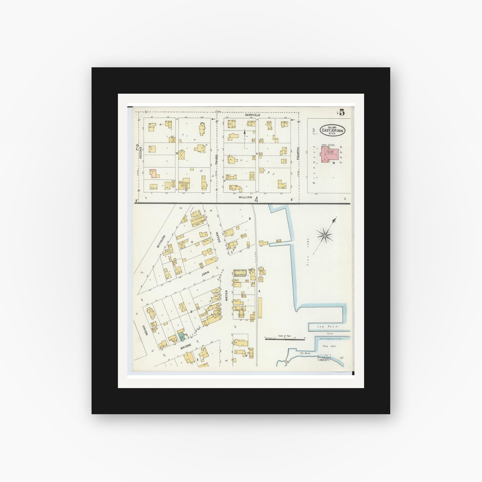 Old map wall art mockup — black gallery frame with white mat — Sanborn Fire Insurance Map from East Jordan, Charlevoix County, Michigan (1905), Sheet #0005