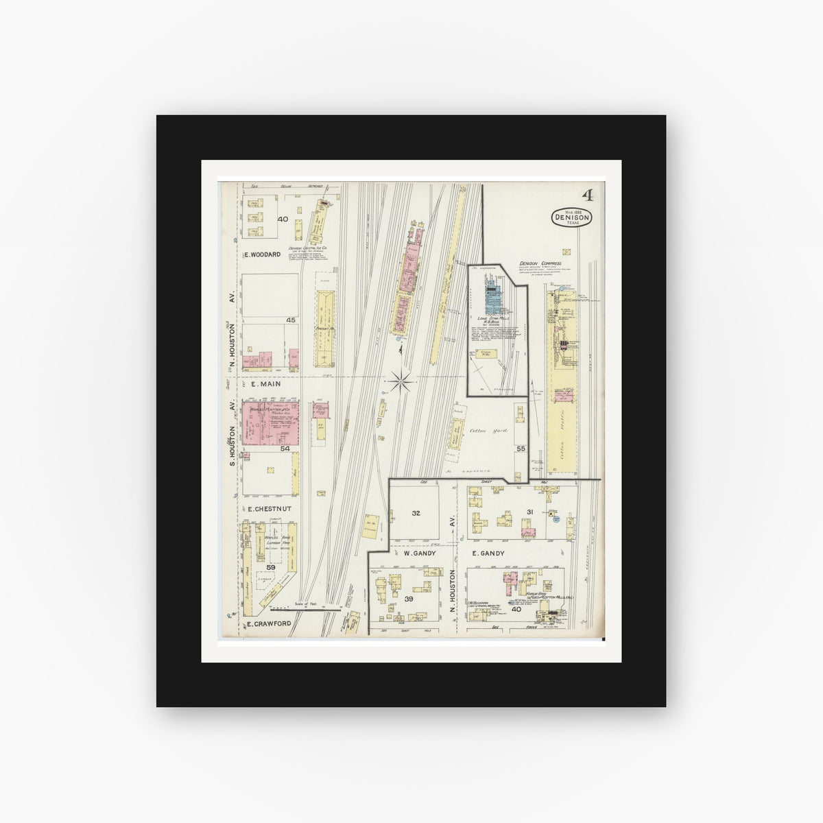 Old map wall art mockup — black gallery frame with white mat — Sanborn Fire Insurance Map from Denison, Grayson County, Texas (1888), Sheet #0004