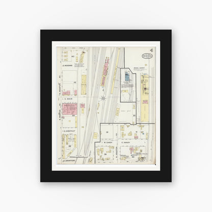Old map wall art mockup — black gallery frame with white mat — Sanborn Fire Insurance Map from Denison, Grayson County, Texas (1888), Sheet #0004