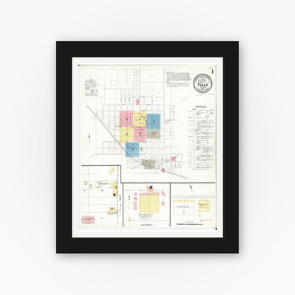 Old map wall art mockup — black gallery frame with white mat — Sanborn Fire Insurance Map from Pella, Marion County, Iowa (1911), Sheet #0001