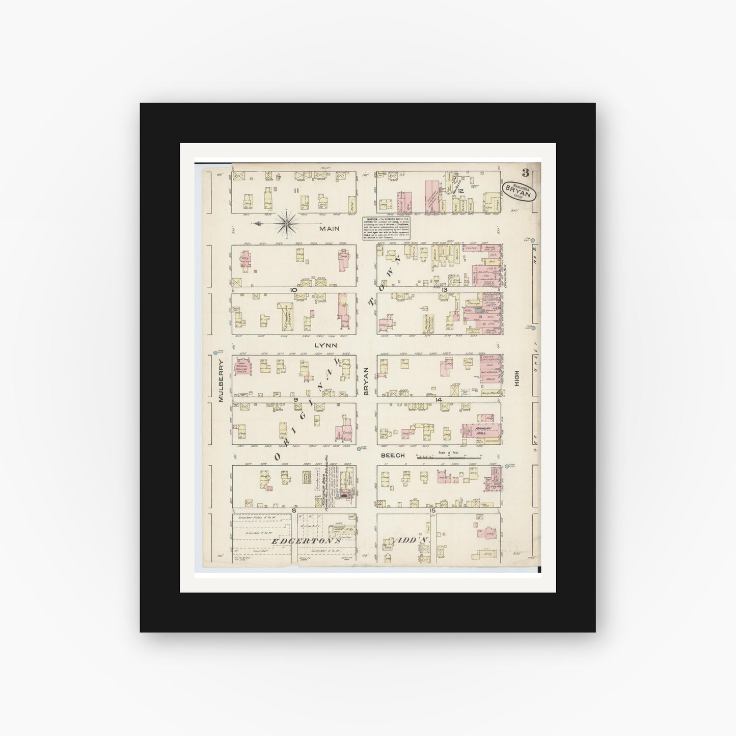 Old map wall art mockup — black gallery frame with white mat — Sanborn Fire Insurance Map from Bryan, Williams County, Ohio (1884), Sheet #0003