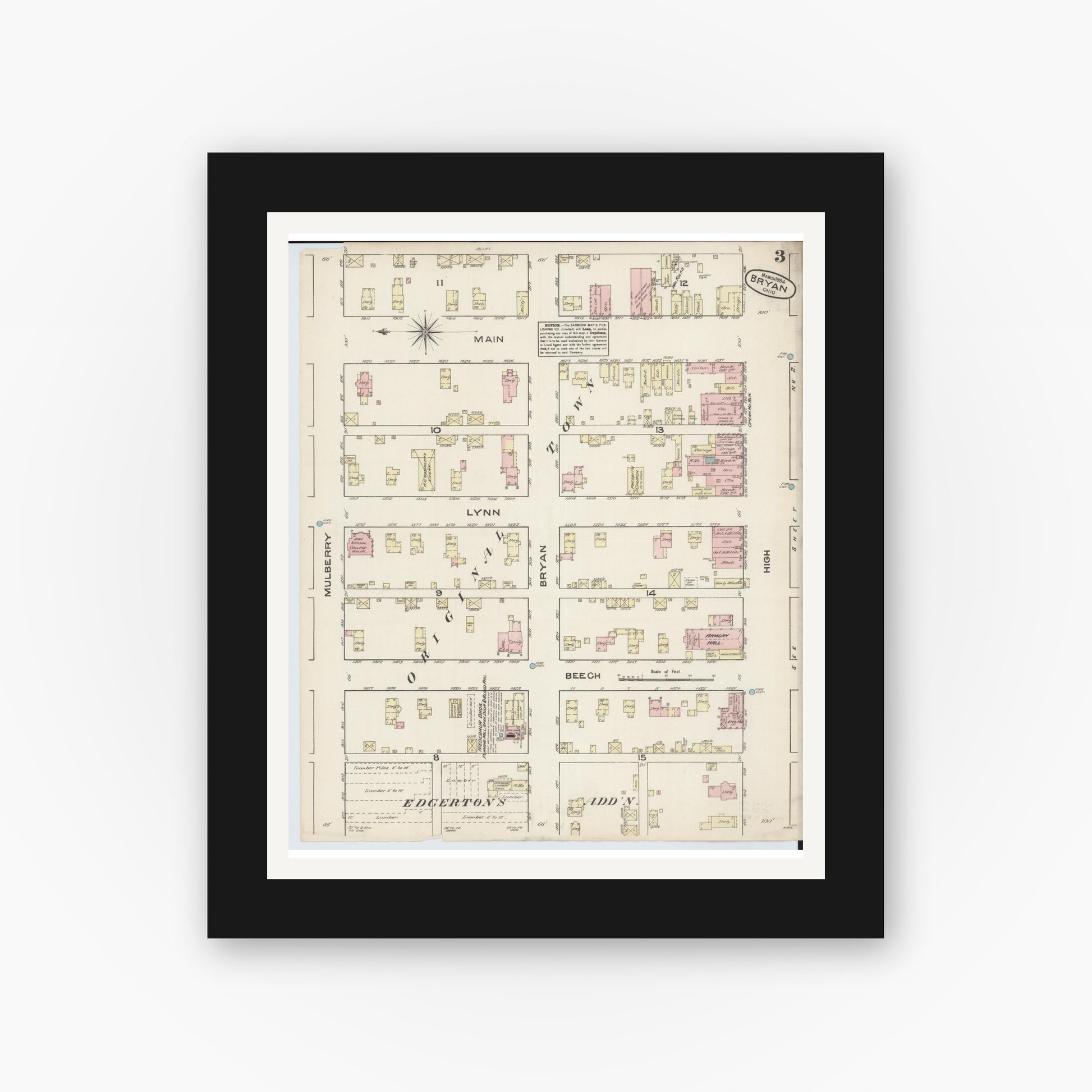 Old map wall art mockup — black gallery frame with white mat — Sanborn Fire Insurance Map from Bryan, Williams County, Ohio (1884), Sheet #0003