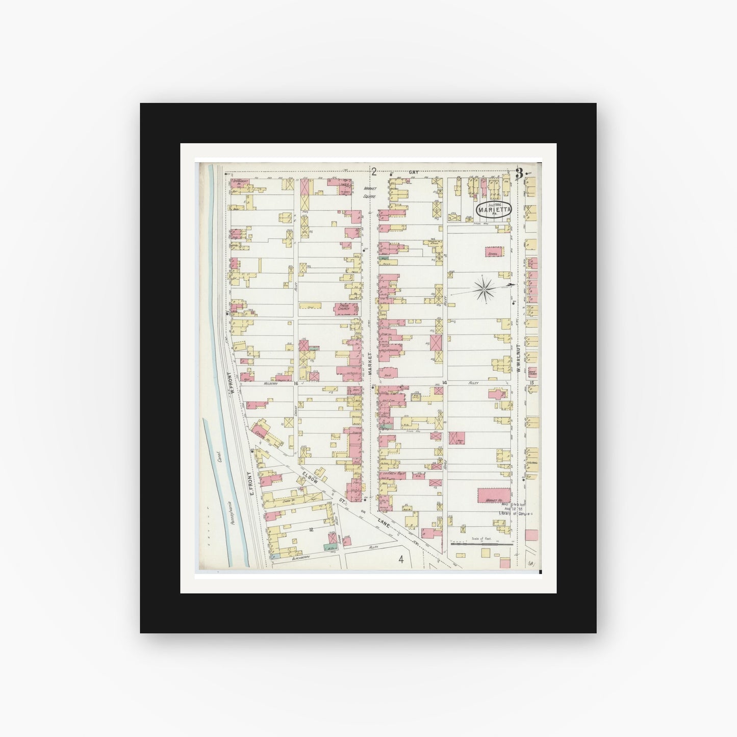Old map wall art mockup — black gallery frame with white mat — Sanborn Fire Insurance Map from Marietta, Lancaster County, Pennsylvania (1896), Sheet #0003