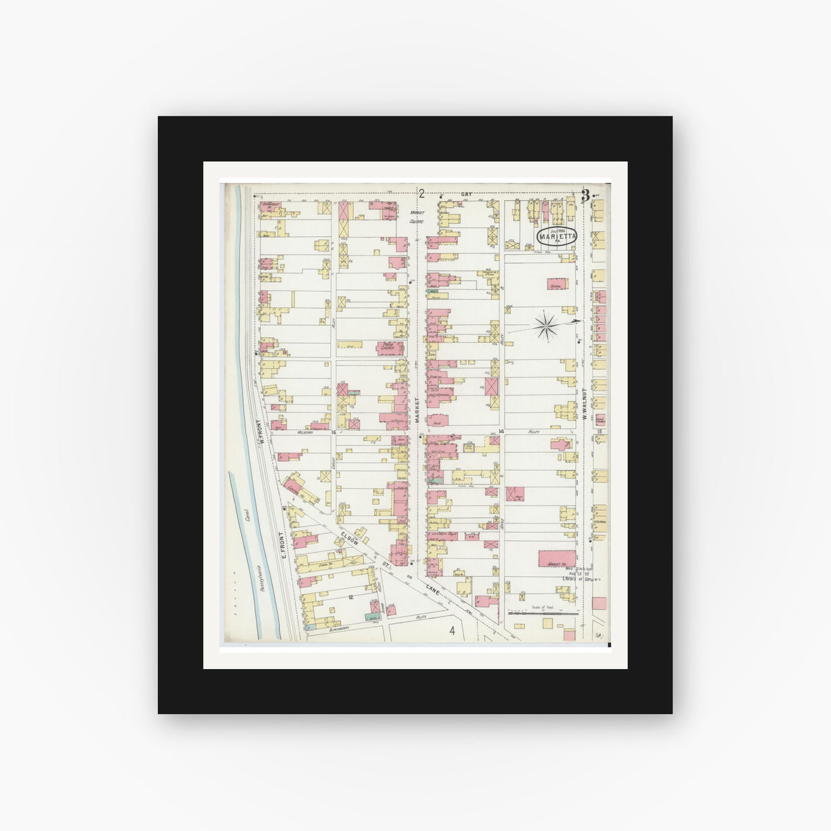 Old map wall art mockup — black gallery frame with white mat — Sanborn Fire Insurance Map from Marietta, Lancaster County, Pennsylvania (1896), Sheet #0003