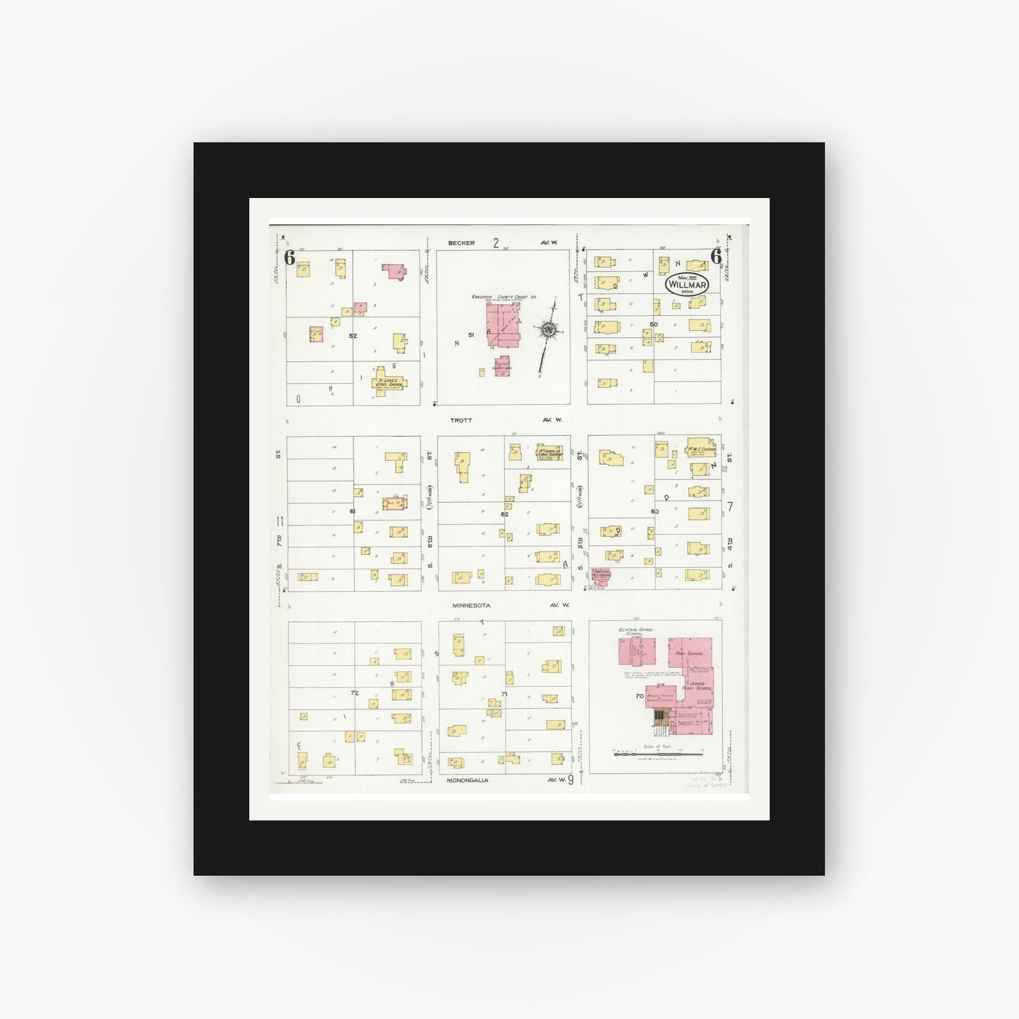 Old map wall art mockup — black gallery frame with white mat — Sanborn Fire Insurance Map from Willmar, Kandiyohi County, Minnesota (1925), Sheet #0006