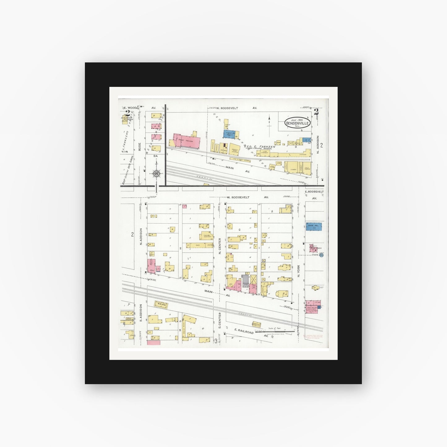 Old map wall art mockup — black gallery frame with white mat — Sanborn Fire Insurance Map from Bensenville, Dupage County, Illinois (1926), Sheet #0002