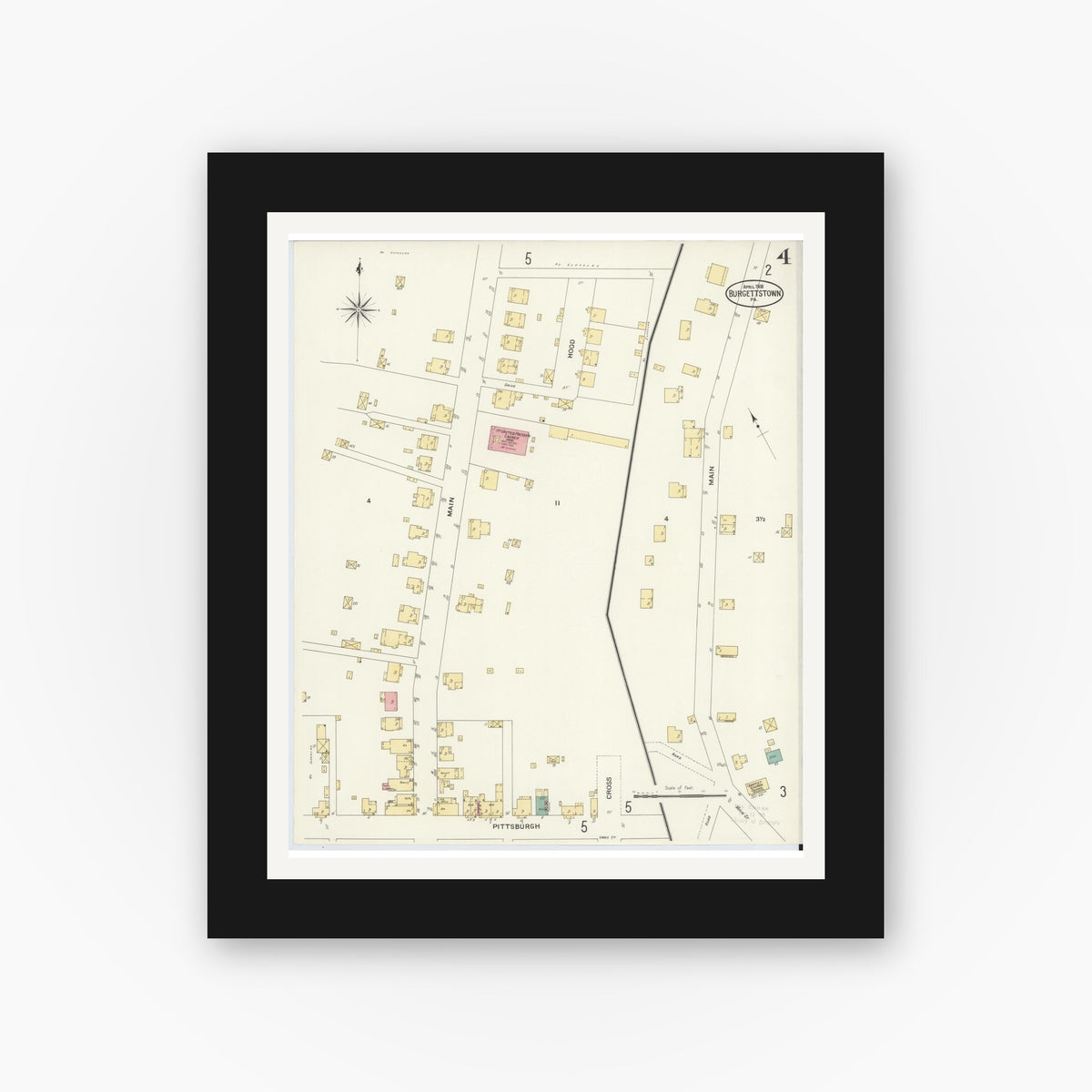 Old map wall art mockup — black gallery frame with white mat — Sanborn Fire Insurance Map from Burgettstown, Washington County, Pennsylvania (1908), Sheet #0004