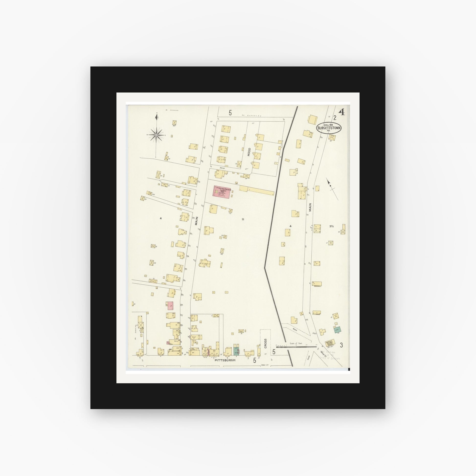 Old map wall art mockup — black gallery frame with white mat — Sanborn Fire Insurance Map from Burgettstown, Washington County, Pennsylvania (1908), Sheet #0004