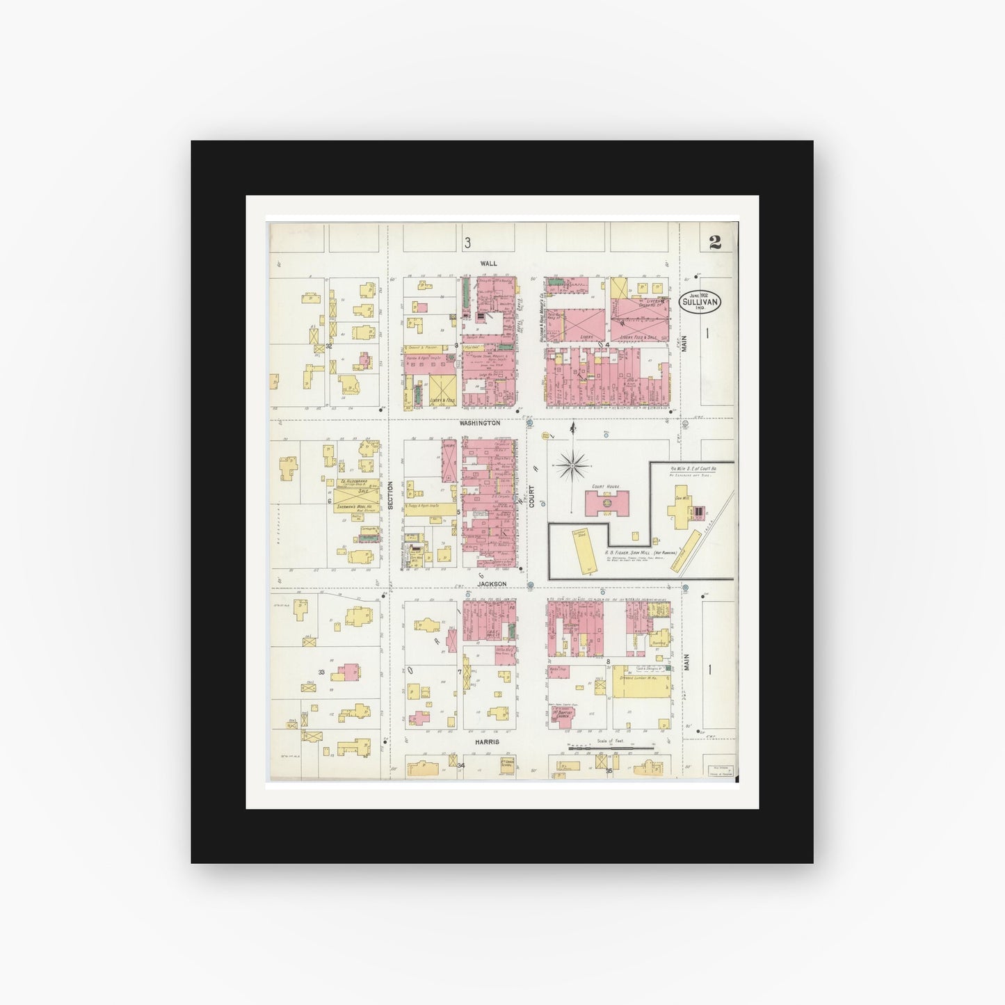Old map wall art mockup — black gallery frame with white mat — Sanborn Fire Insurance Map from Sullivan, Sullivan County, Indiana (1902), Sheet #0002