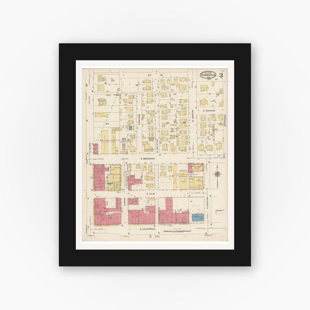Old map wall art mockup — black gallery frame with white mat — Sanborn Fire Insurance Map from Gainesville, Cooke County, Texas (1922), Sheet #0003