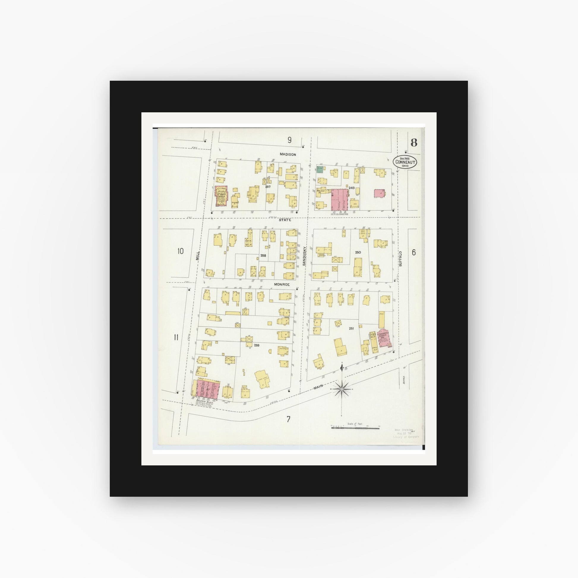 Old map wall art mockup — black gallery frame with white mat — Sanborn Fire Insurance Map from Conneaut, Ashtabula County, Ohio (1902), Sheet #0008
