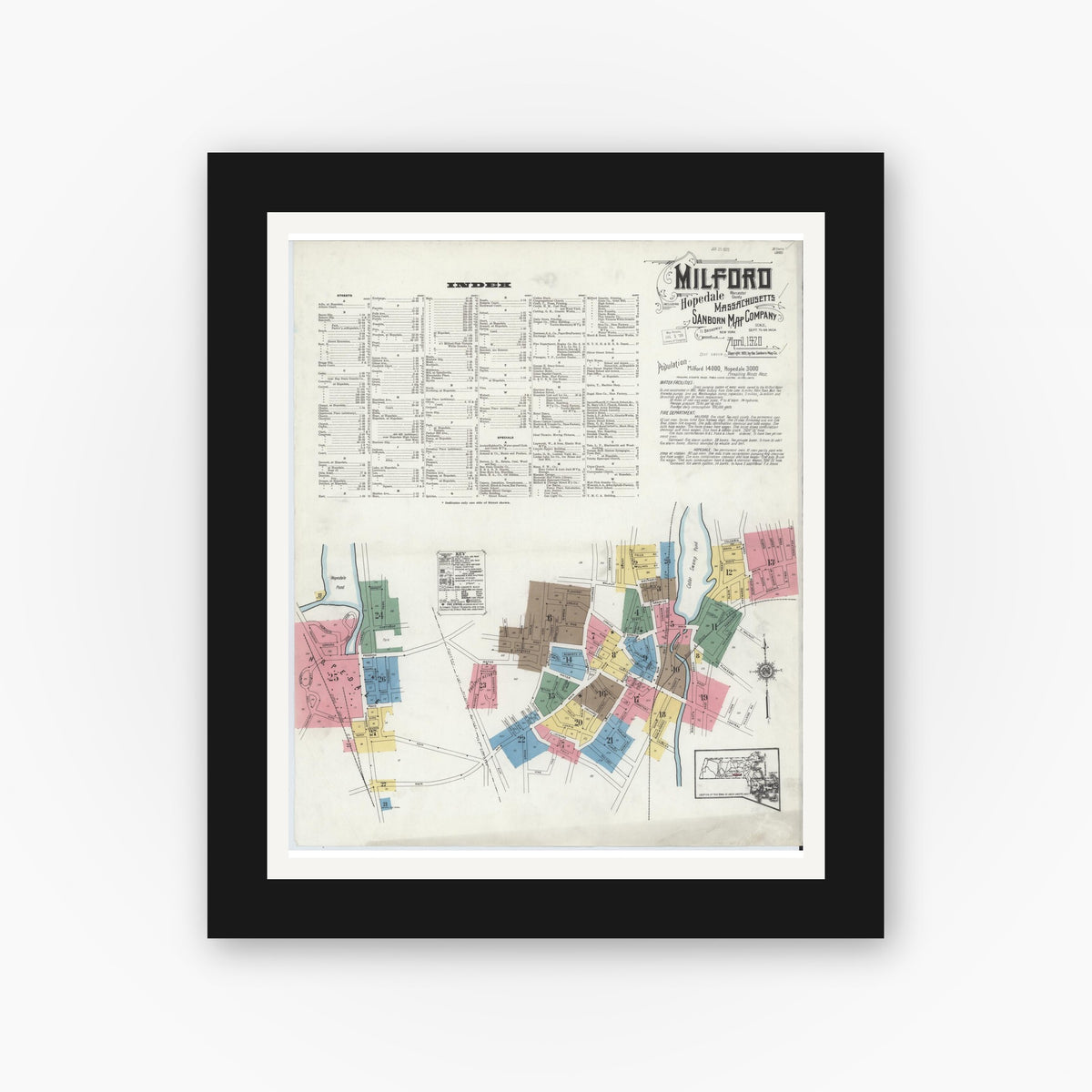 Old map wall art mockup — black gallery frame with white mat — Sanborn Fire Insurance Map from Milford, Worcester County, Massachusetts (1920) - Complete Map Set