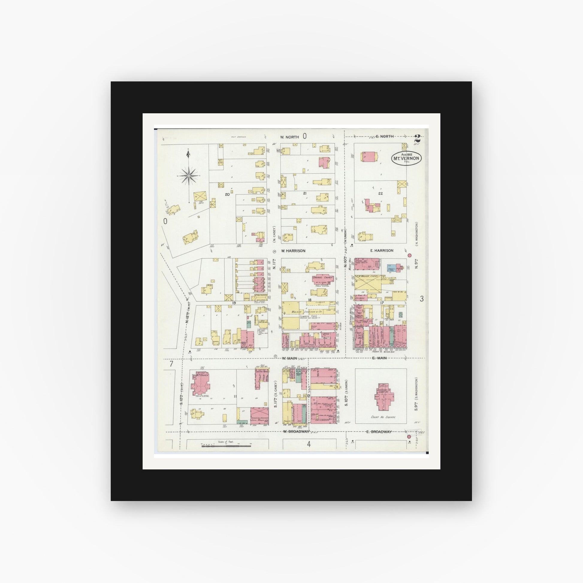 Old map wall art mockup — black gallery frame with white mat — Sanborn Fire Insurance Map from Mount Vernon, Jefferson County, Illinois (1902), Sheet #0002
