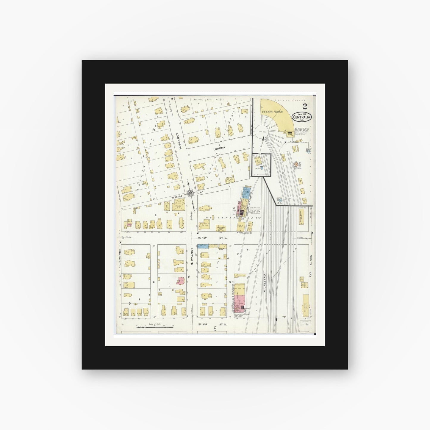 Old map wall art mockup — black gallery frame with white mat — Sanborn Fire Insurance Map from Centralia, Marion, Clinton, Jefferson, and Washington Counties, Illinois (1916), Sheet #0002